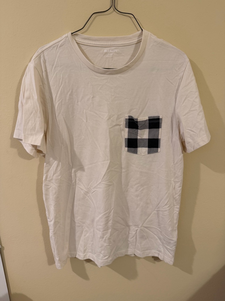 Old Navy White Shortsleeve Tee With Black Plaid Pocket